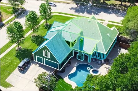 Aerial view of a completed roof replacement